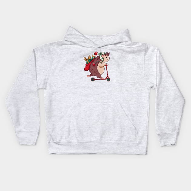 Cute Cartoon Christmas Hedgehog on Scooter Kids Hoodie by SLAG_Creative